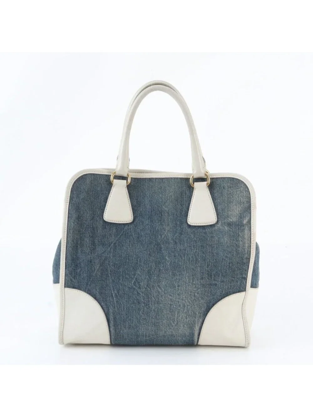 Prada Saffiano Leather Denim Triangle Logo Tote Shoulder Hand